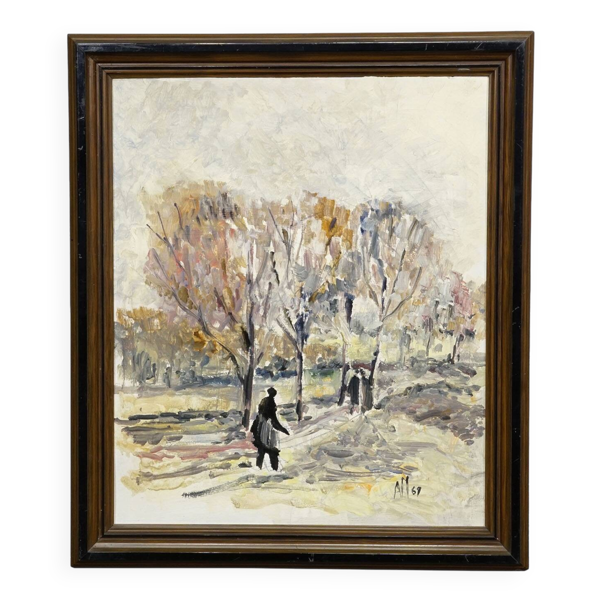 Oil painting by Alexander Michael of an autumn walk in a park, 1969.