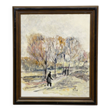 Oil painting by Alexander Michael of an autumn walk in a park, 1969.
