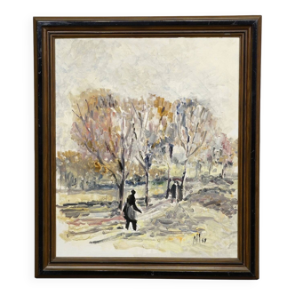 Oil painting by Alexander Michael of an autumn walk in a park, 1969.