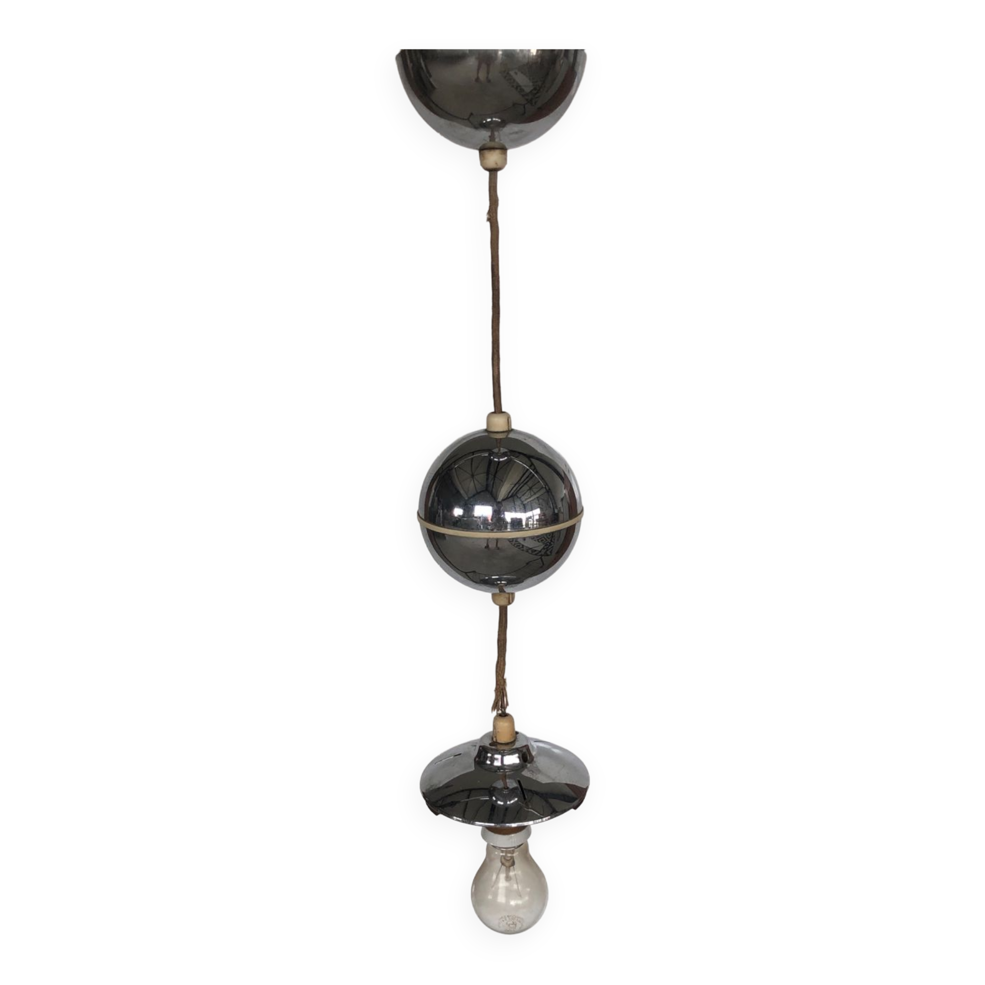 Vintage sphere pendant light in silver metal from the 70s