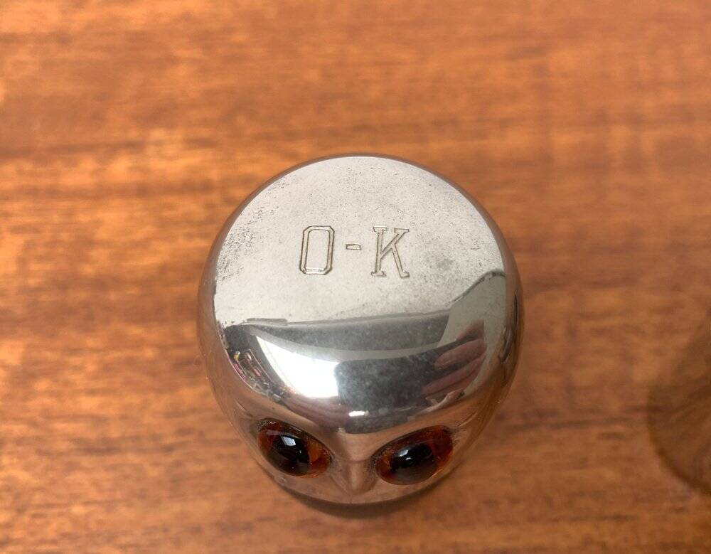 Set of 5 metal shot glasses in German owl style from the mid-century, 1960s.