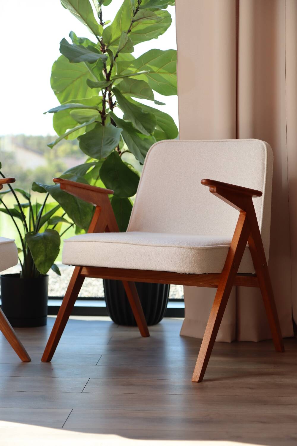 Vintage armchair white curly natural wood boho design by Chierowski 1970