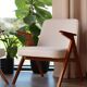 Vintage armchair white curly natural wood boho design by Chierowski 1970
