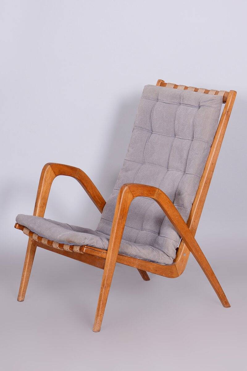 Mid-Century Czech Grey Armchair in Oak attributed to Jan Vanek, 1950s