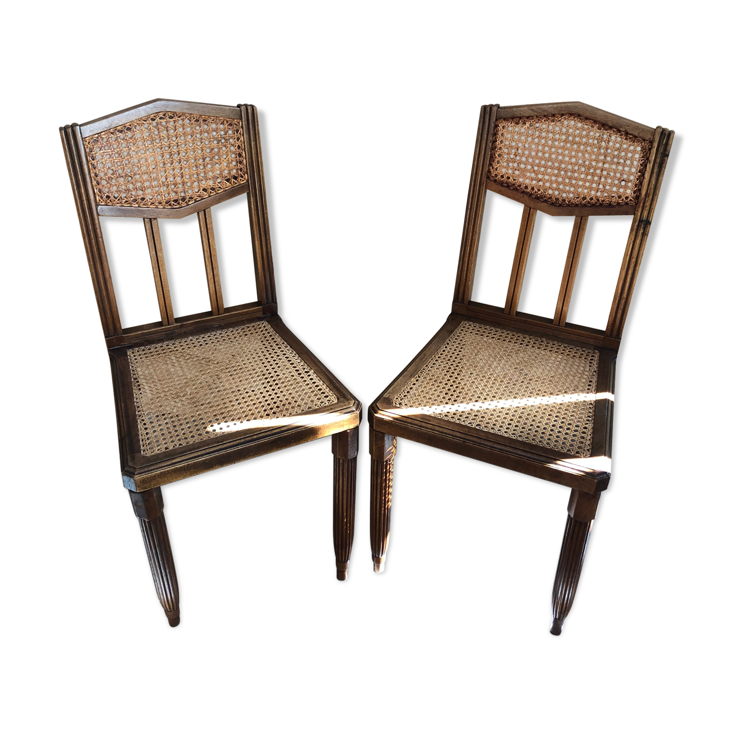 Pair old chair style louis xvi wood + seat & back cannée vintage
