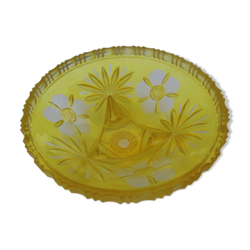 Coupe tripode en cristal jaune taillé et dégagé a l'acide art deco Baccarat