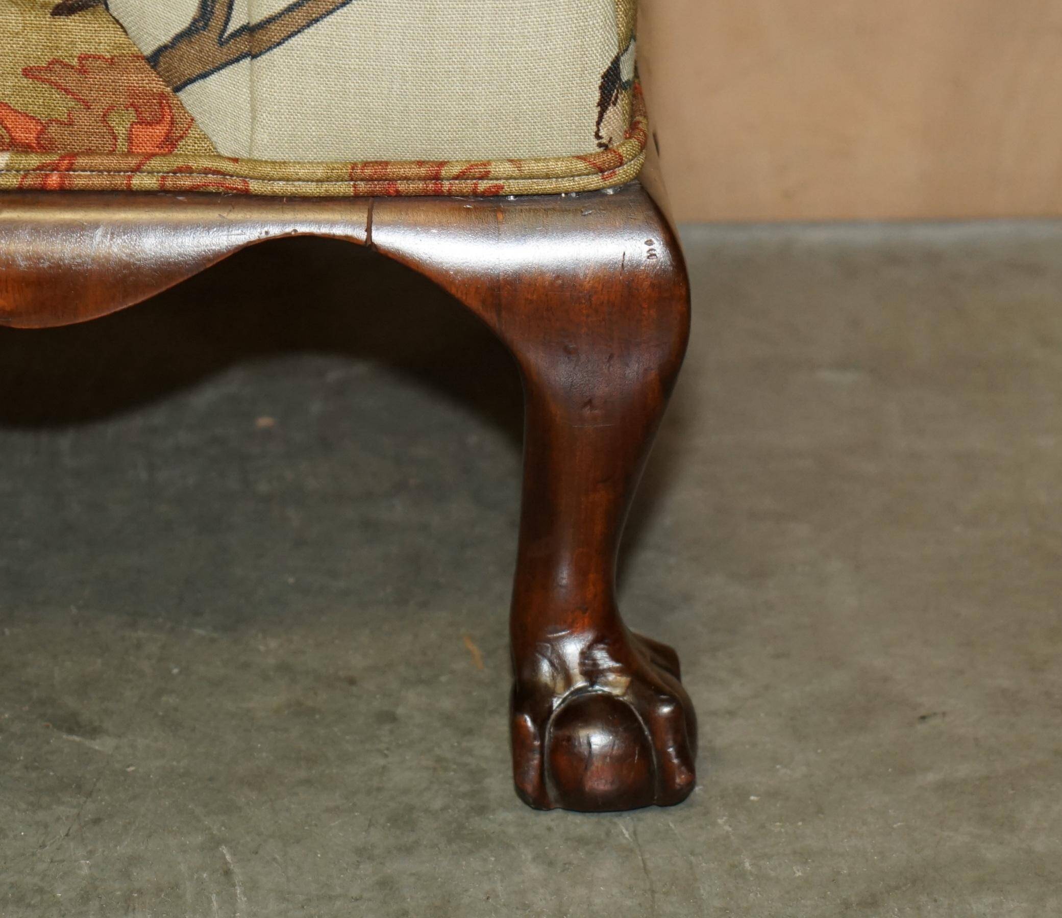 Antique banquette with cluster and ball feet, window seat in Mulberry Flying Ducks fabric.