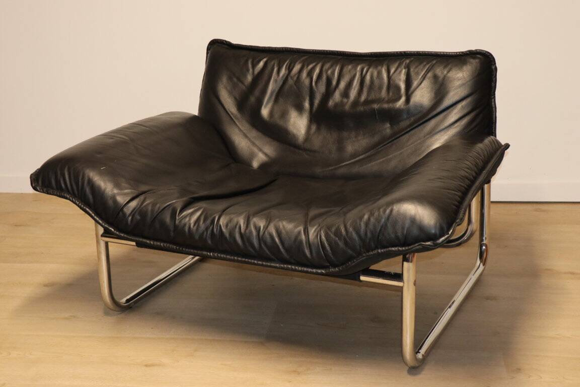 Vintage armchair by Johan Bertil Häggström for Ikéa in leather and chrome metal, 1970s