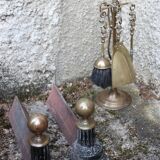 Brass fireplace servant with pair of cast iron pegs with vintage brass ball year 60