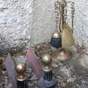 Brass fireplace servant with pair of cast iron pegs with vintage brass ball year 60