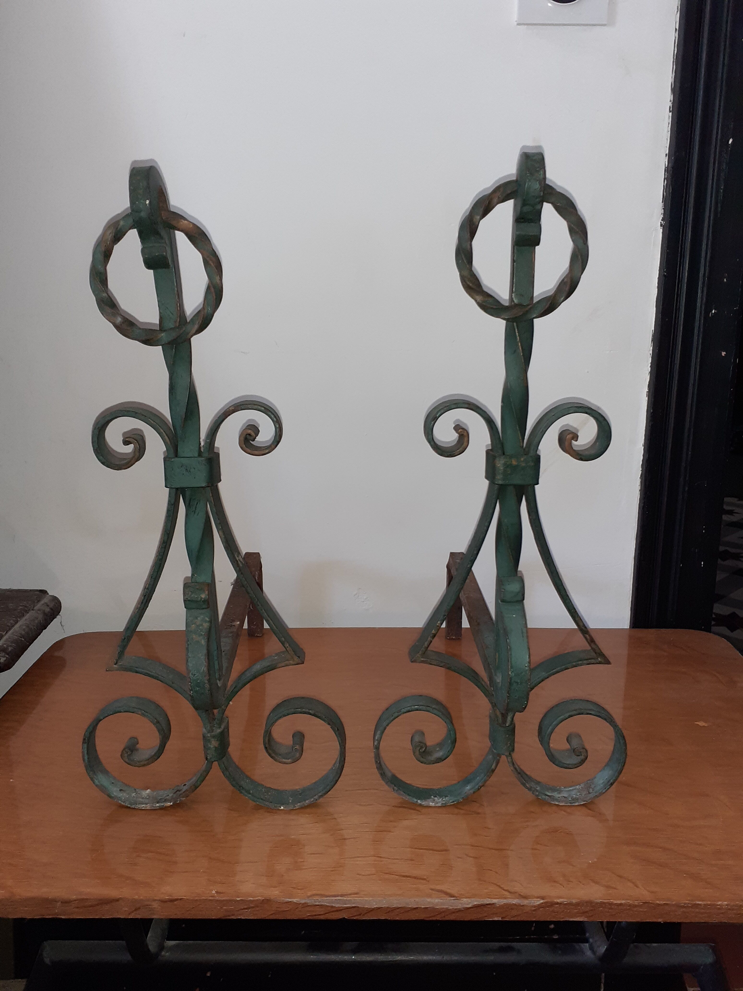 Paire de chenets fer forgé 1950 années 50