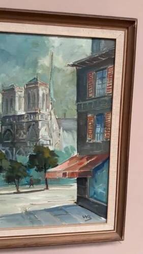 Huile sur toile du milieu du siècle – « Scène de ville » par WB, signée, vintage et encadrée 40×47cm