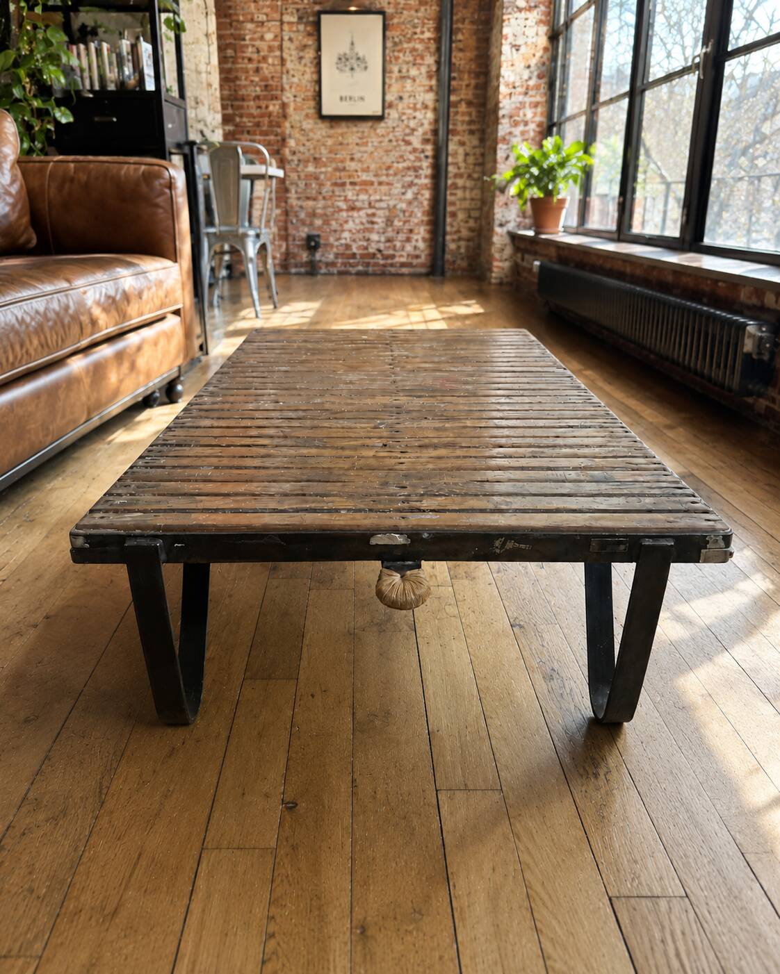 Industrial coffee table: mining cart, weathered wood top, quarries.