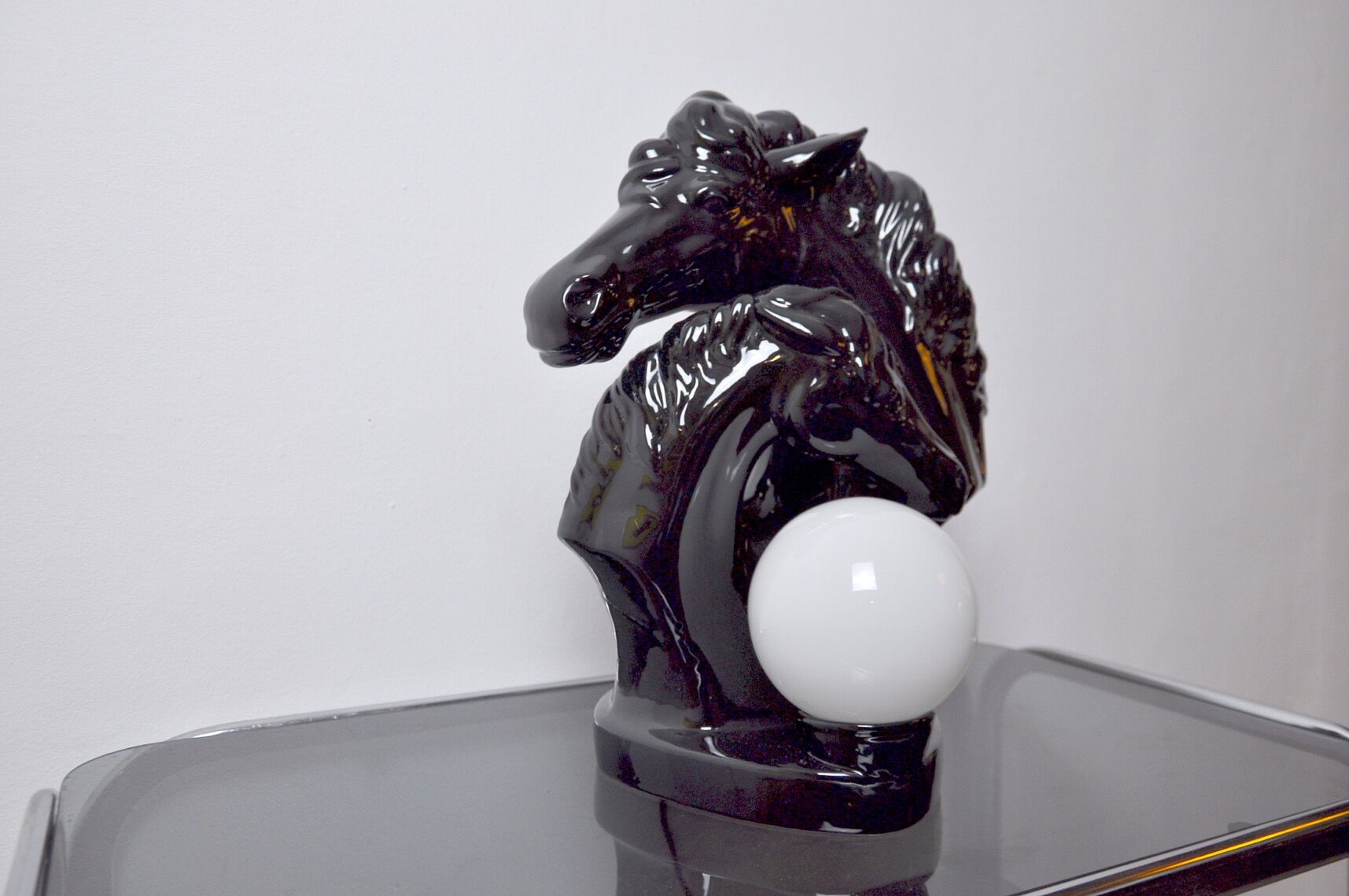 Black ceramic regency "Chevaux" lamp, France, 1980
