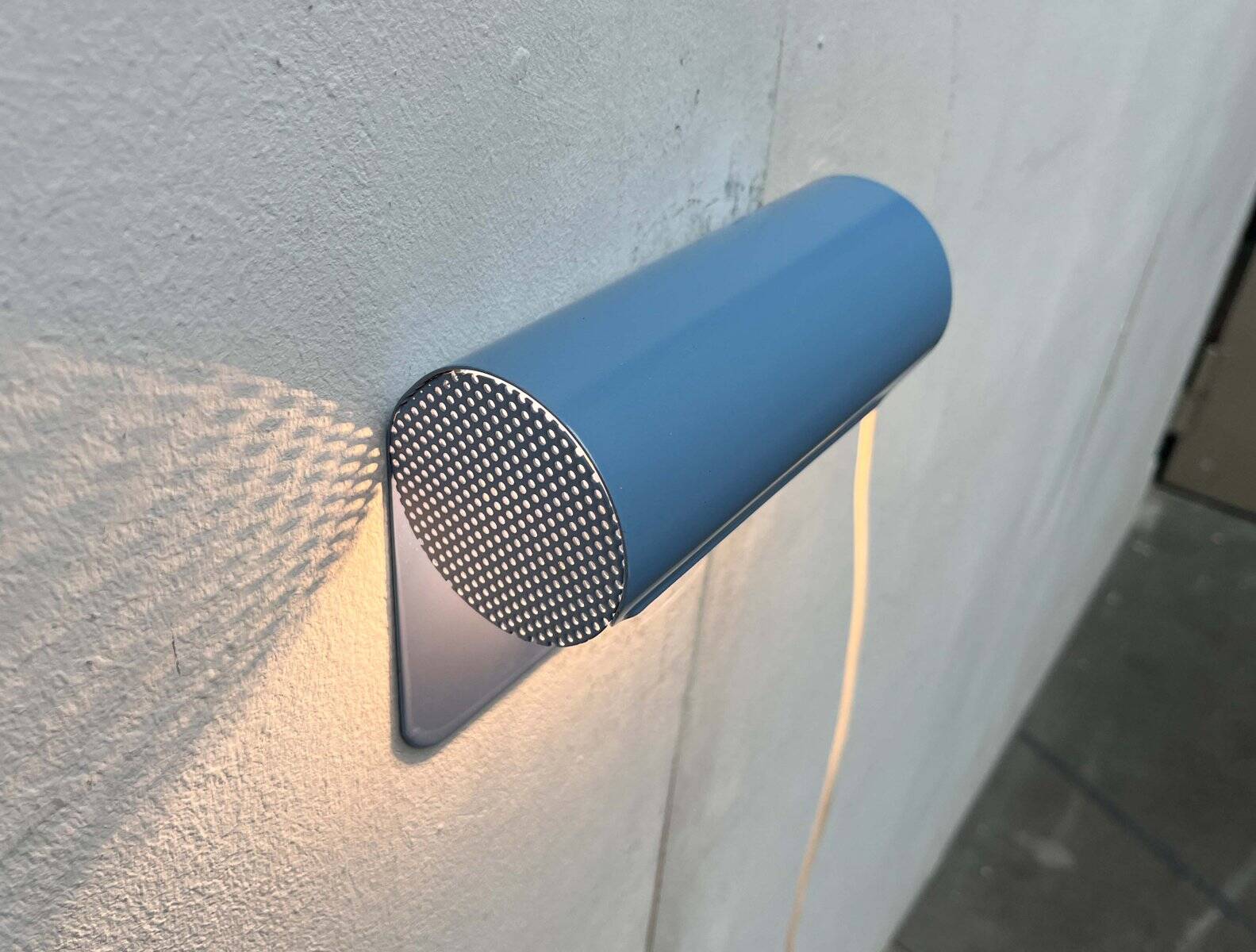 Light blue perforated metal suspension by Abo Randers, Danish postmodern, 1980s.