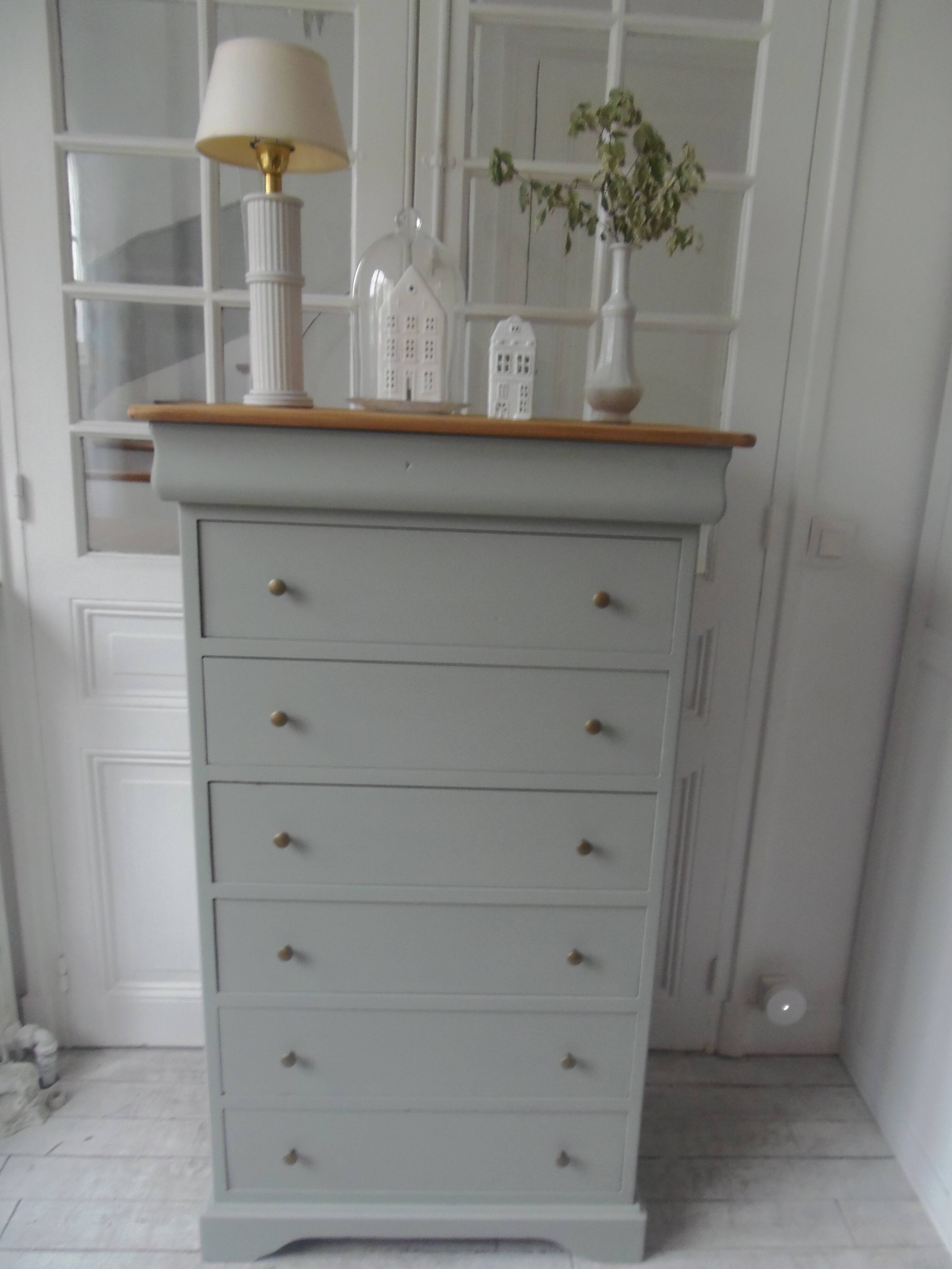 Louis Philippe style chest of drawers, 7 drawers, in verdigris, wooden top