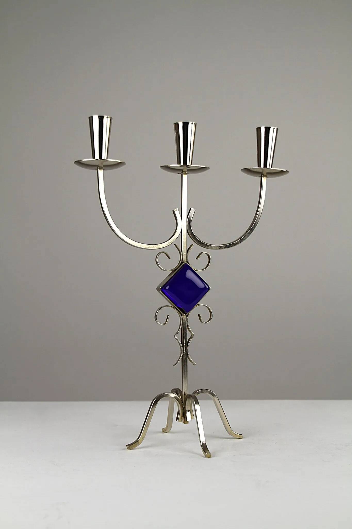 White Brass & Cobalt Blue Art Glass Candelabra by Gunnar Ander for Ystad-Metall — Sweden, 1960s