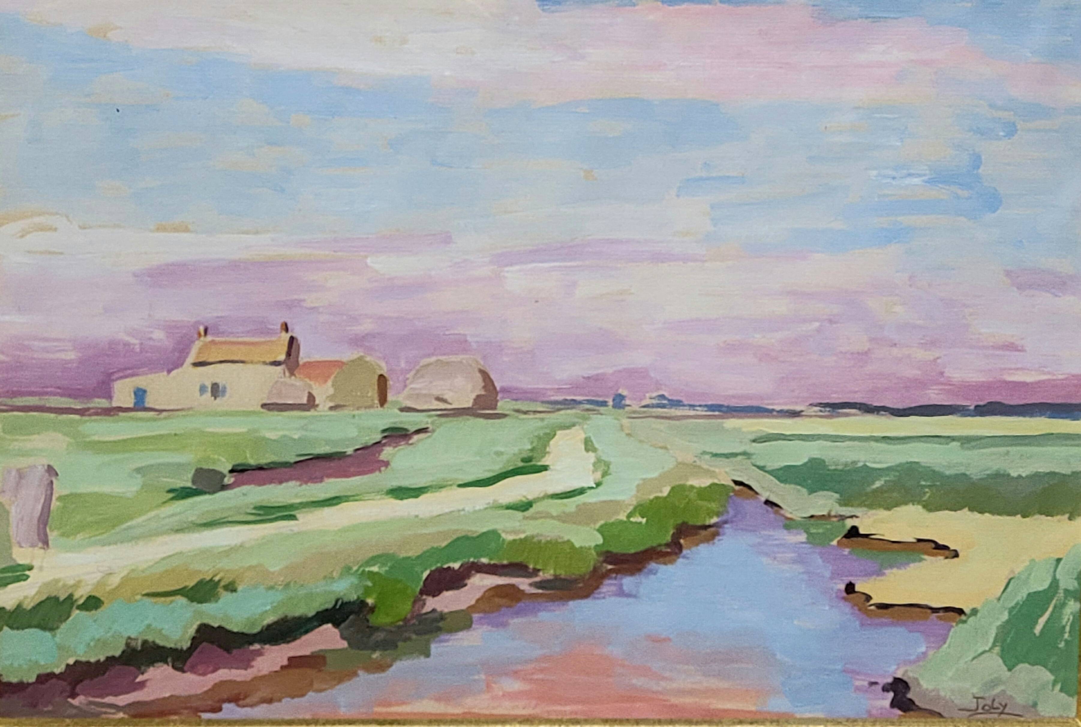 Gouache on paper depicting a marsh landscape