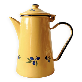 Ancienne cafetière en tôle émaillée jaune  - décor olives