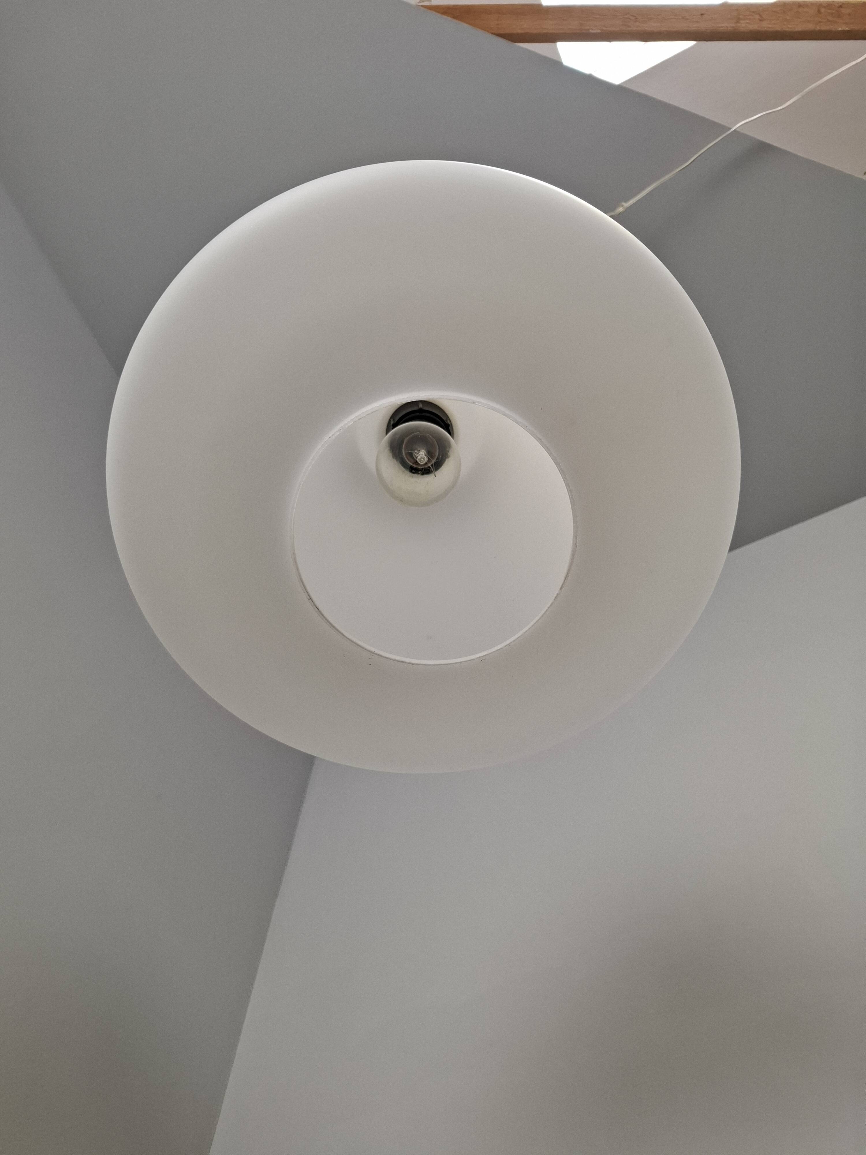 Czechoslovak Midcentury Modern Pendant Light in Opaline Glass and Plastic,