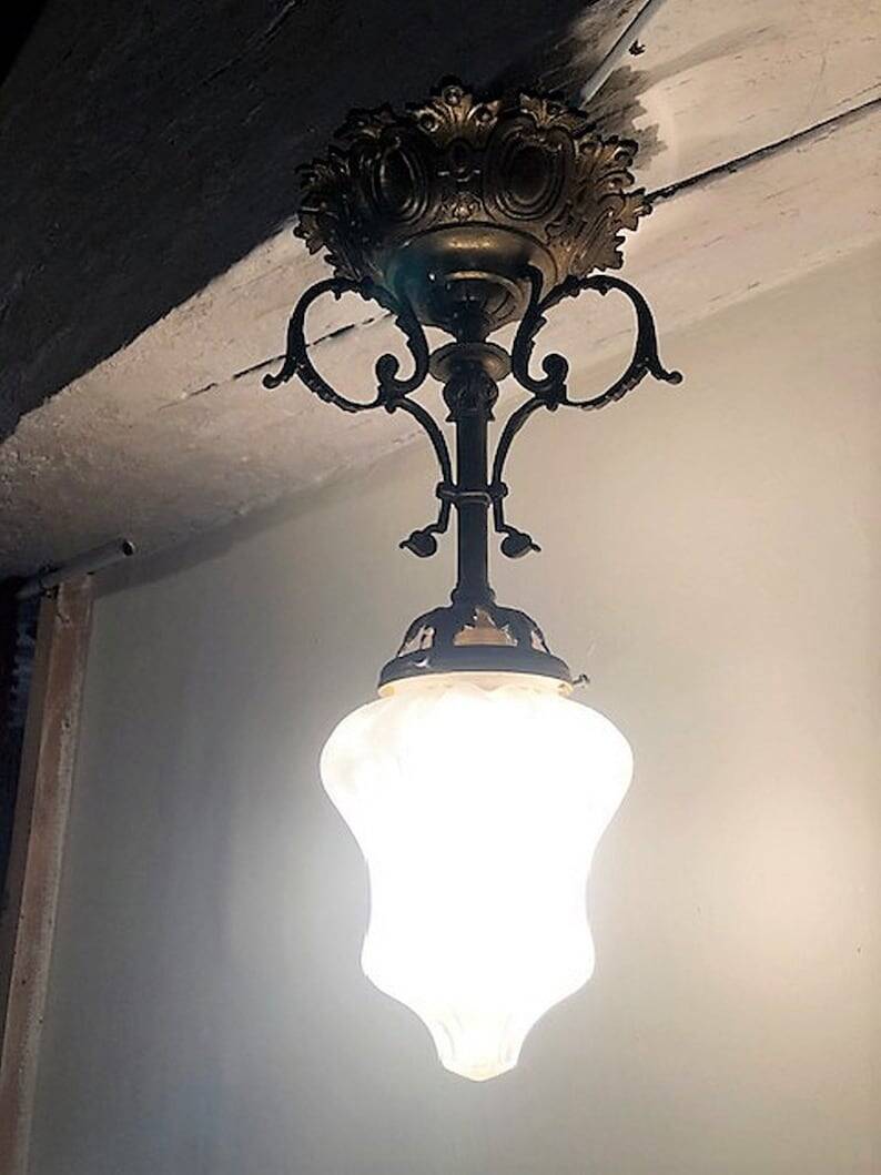 Antique French Napoleon III Brass & Bronze Opaline Glass Ceiling Light