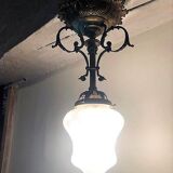 Antique French Napoleon III Brass & Bronze Opaline Glass Ceiling Light