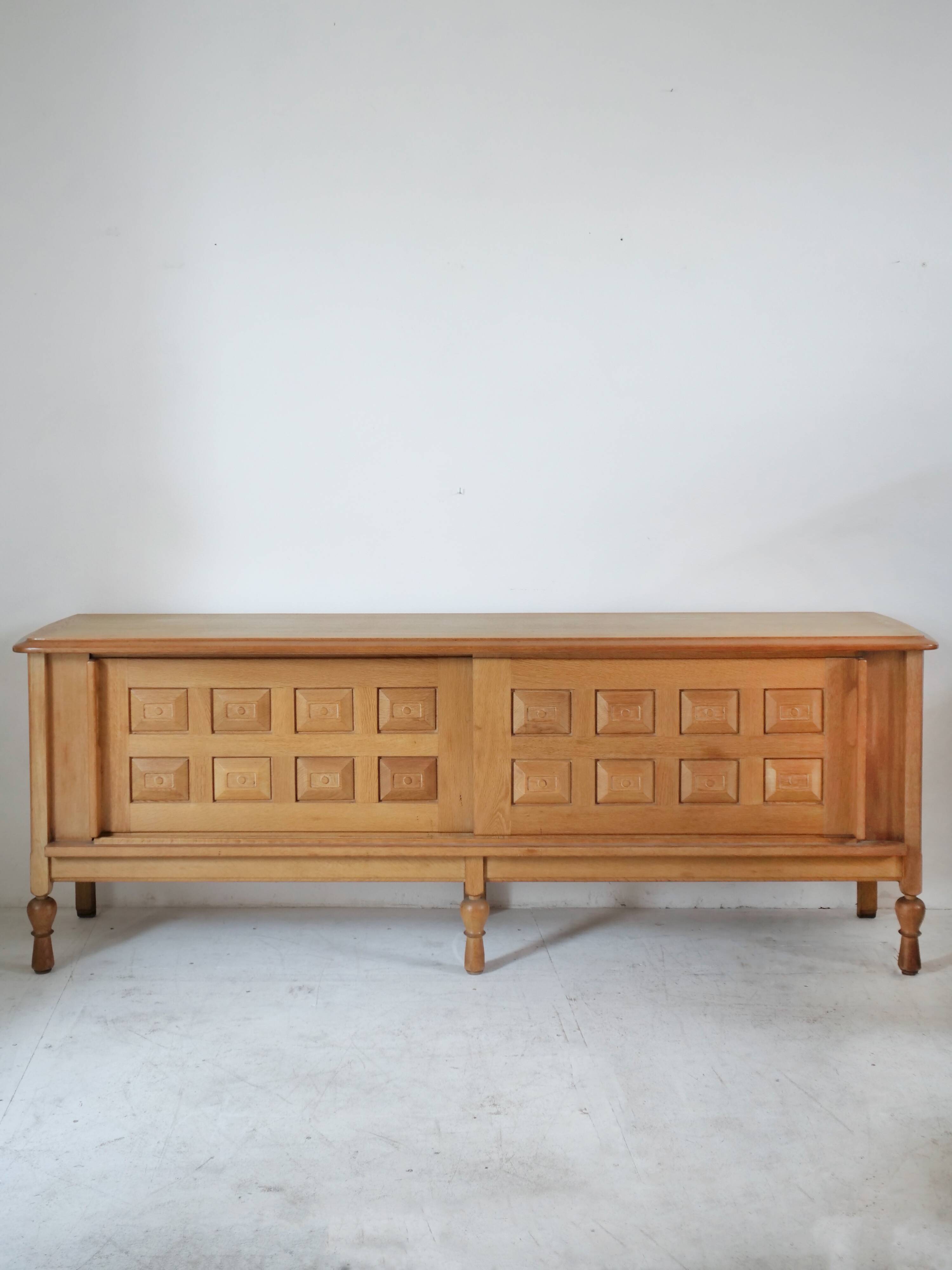 Guillerme and Chambron oak sideboard in light wood in a brutalist style.