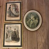 Set composed of two framed fashion engravings and a lithograph reproduction Automne by Watteau