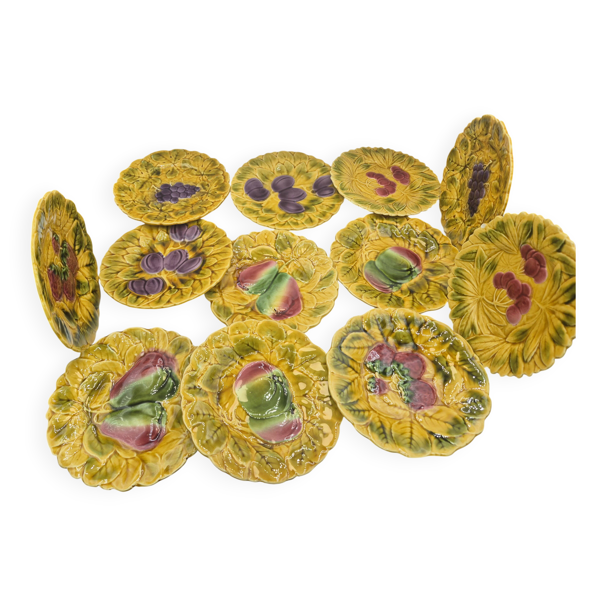 Lot of 11 Sarreguemines barbotine fruit dessert plates 19cm vintage rare