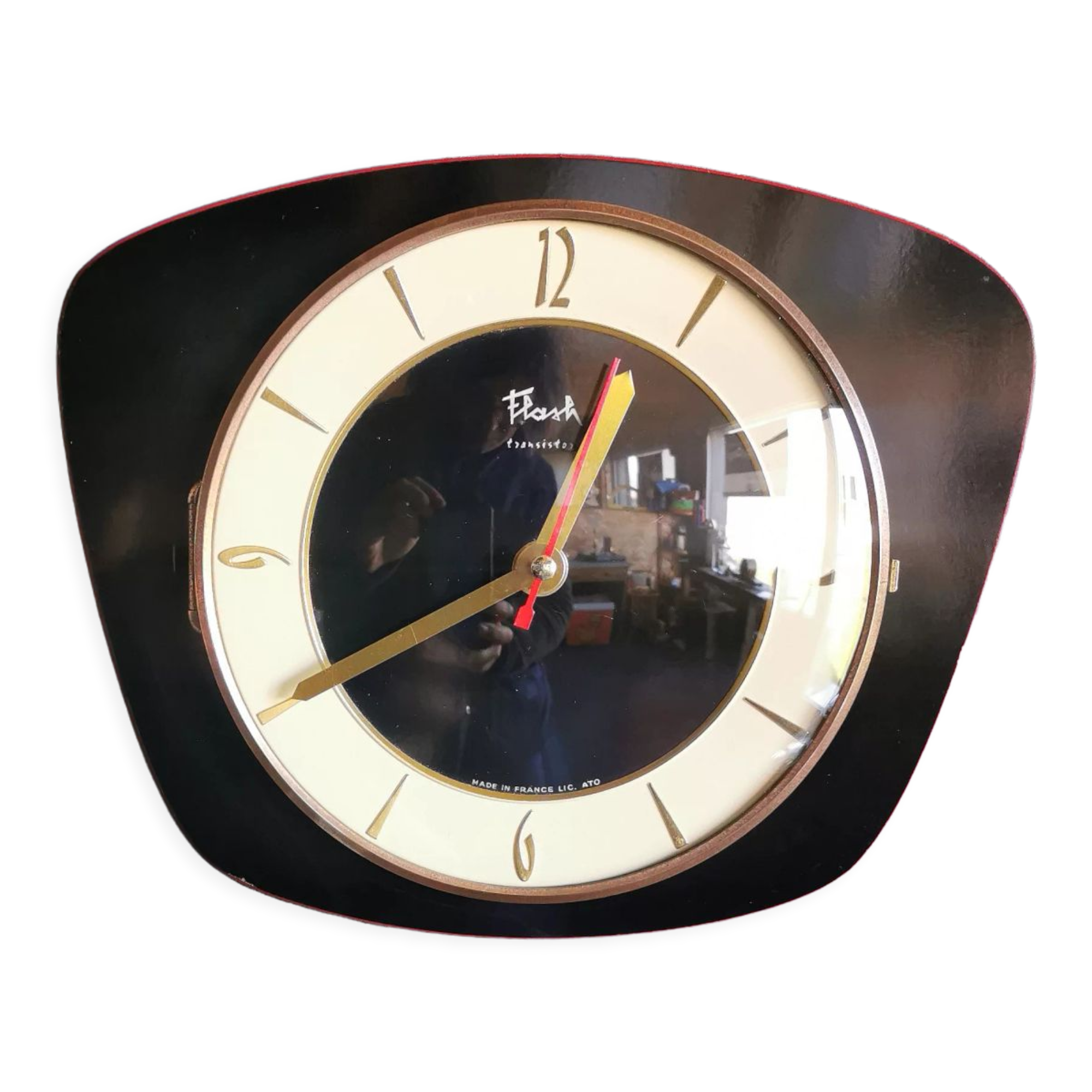 Vintage formica silent trapezoid wall clock "Flash black transistor"