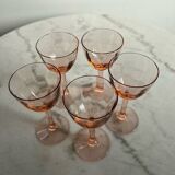 5 small pink glass stemmed glasses