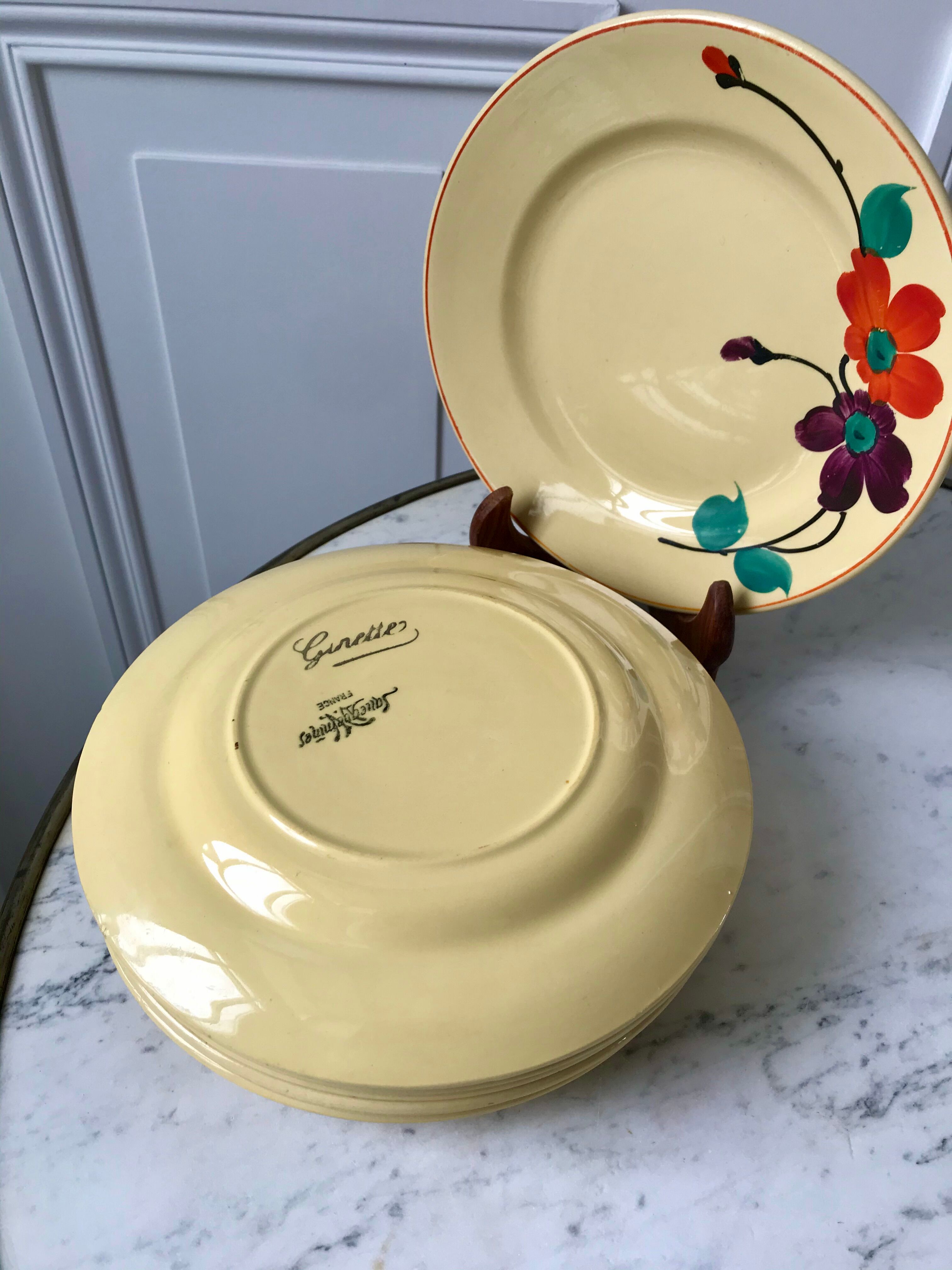 Lot de 6 assiettes plates Digoin Sarreguemines modèle "Ginette" années 30-40