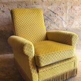 Mustard velvet fringed armchair