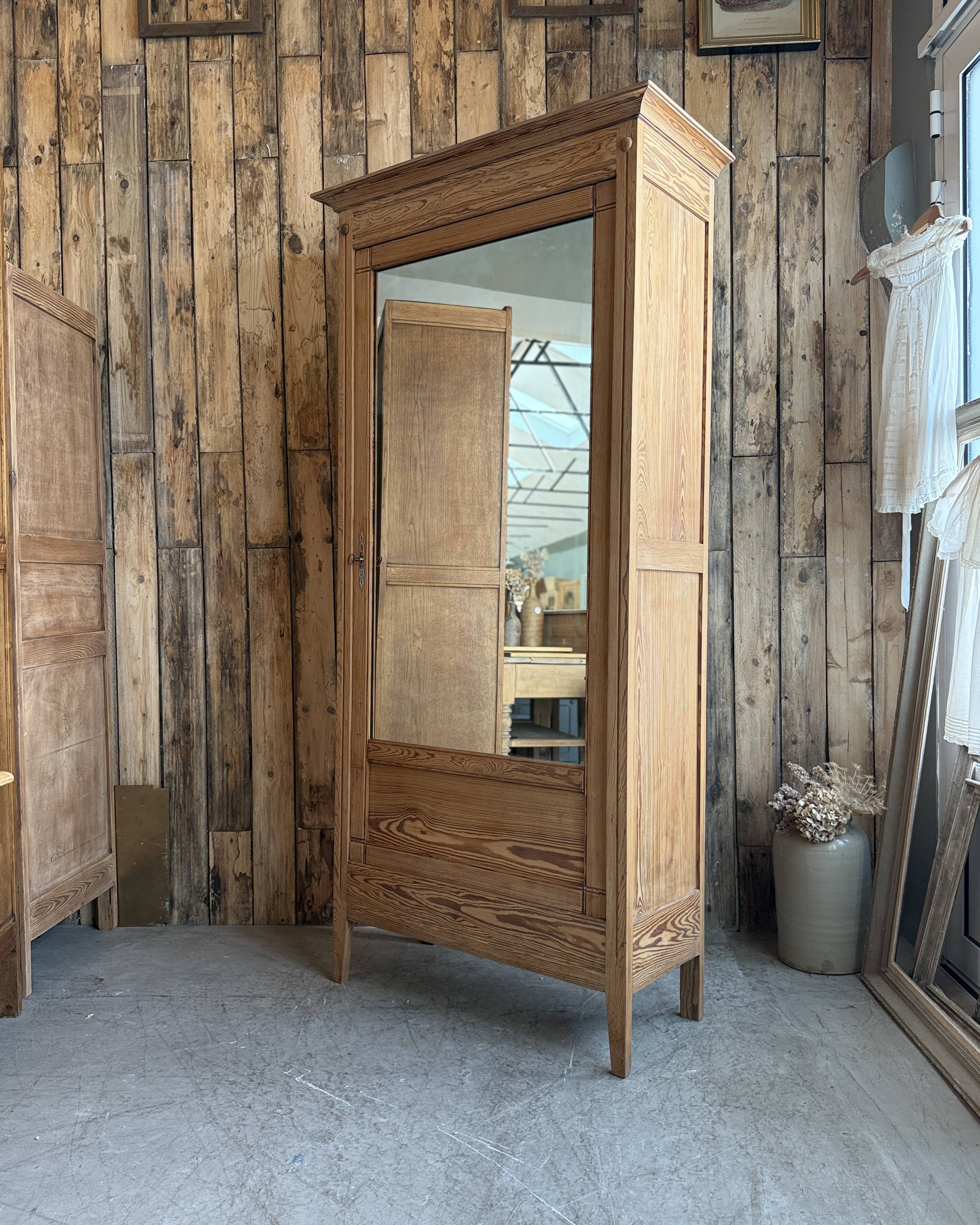 Antique mirrored wardrobe in pitch pine (renovated)