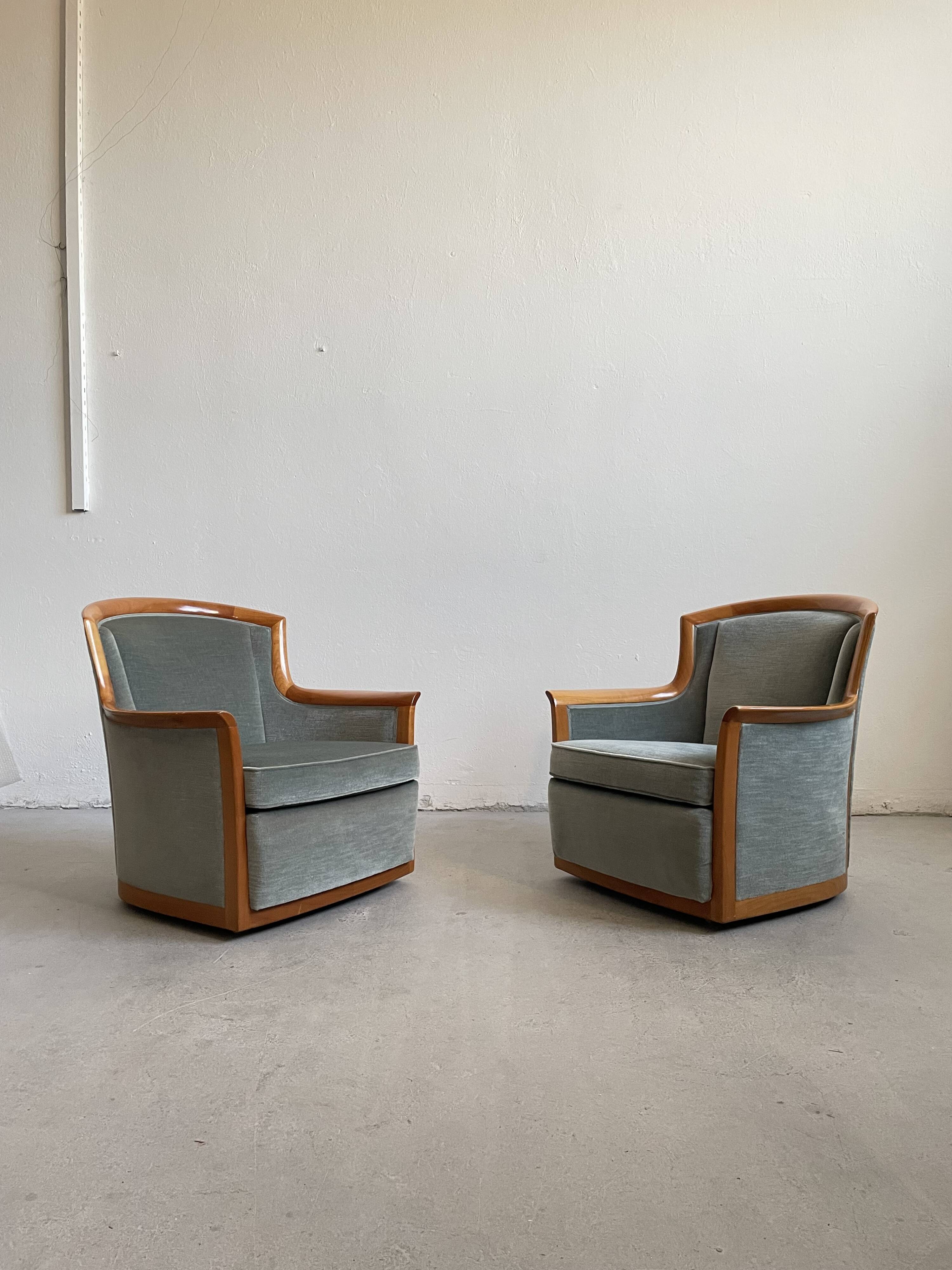 1960s Scandinavian Mid-century Armchairs, Solid Cherry Wood and Velvet