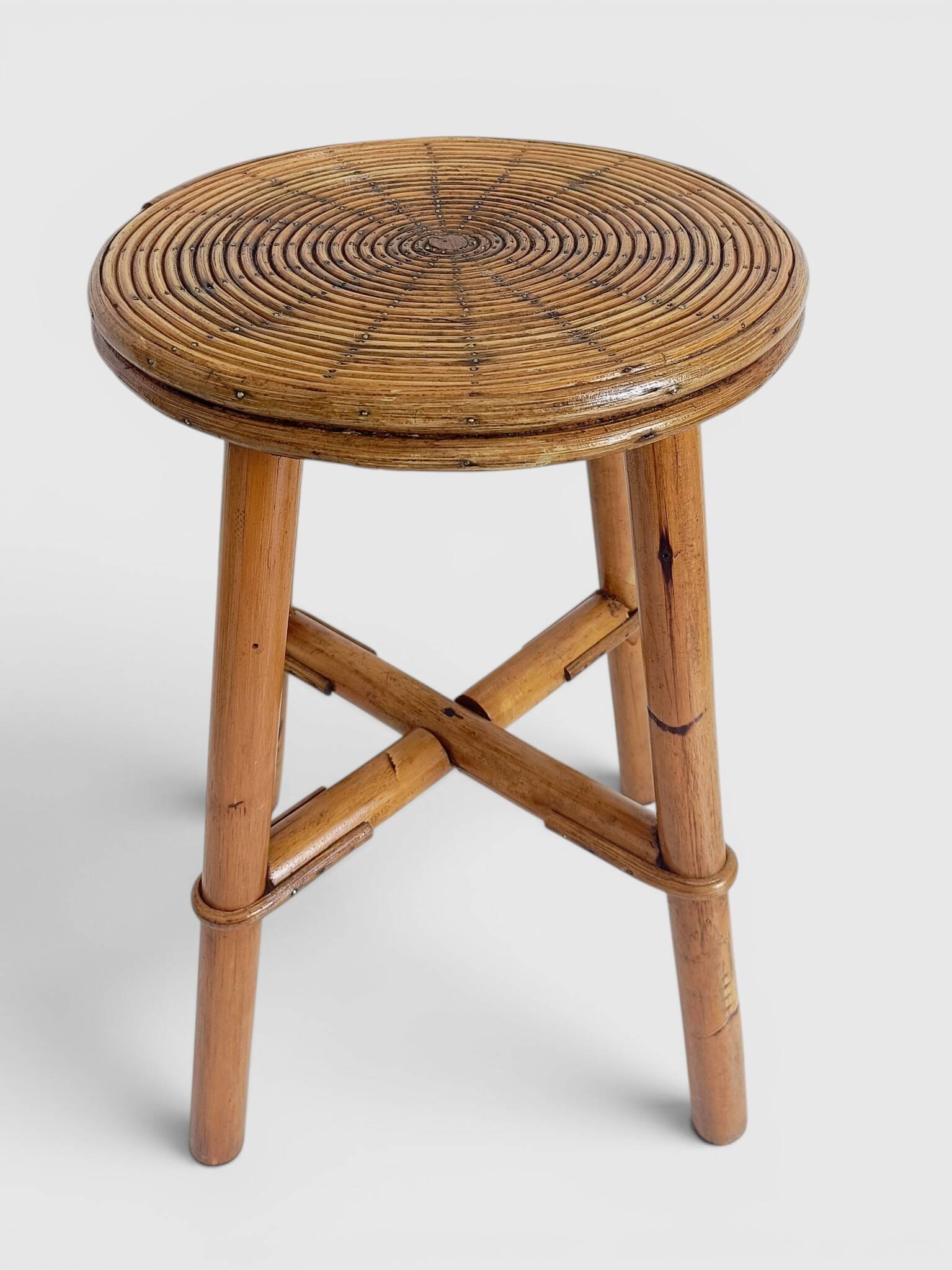 Vintage Rattan and Bamboo Accent Side Table / Stool, Spain, 1970s