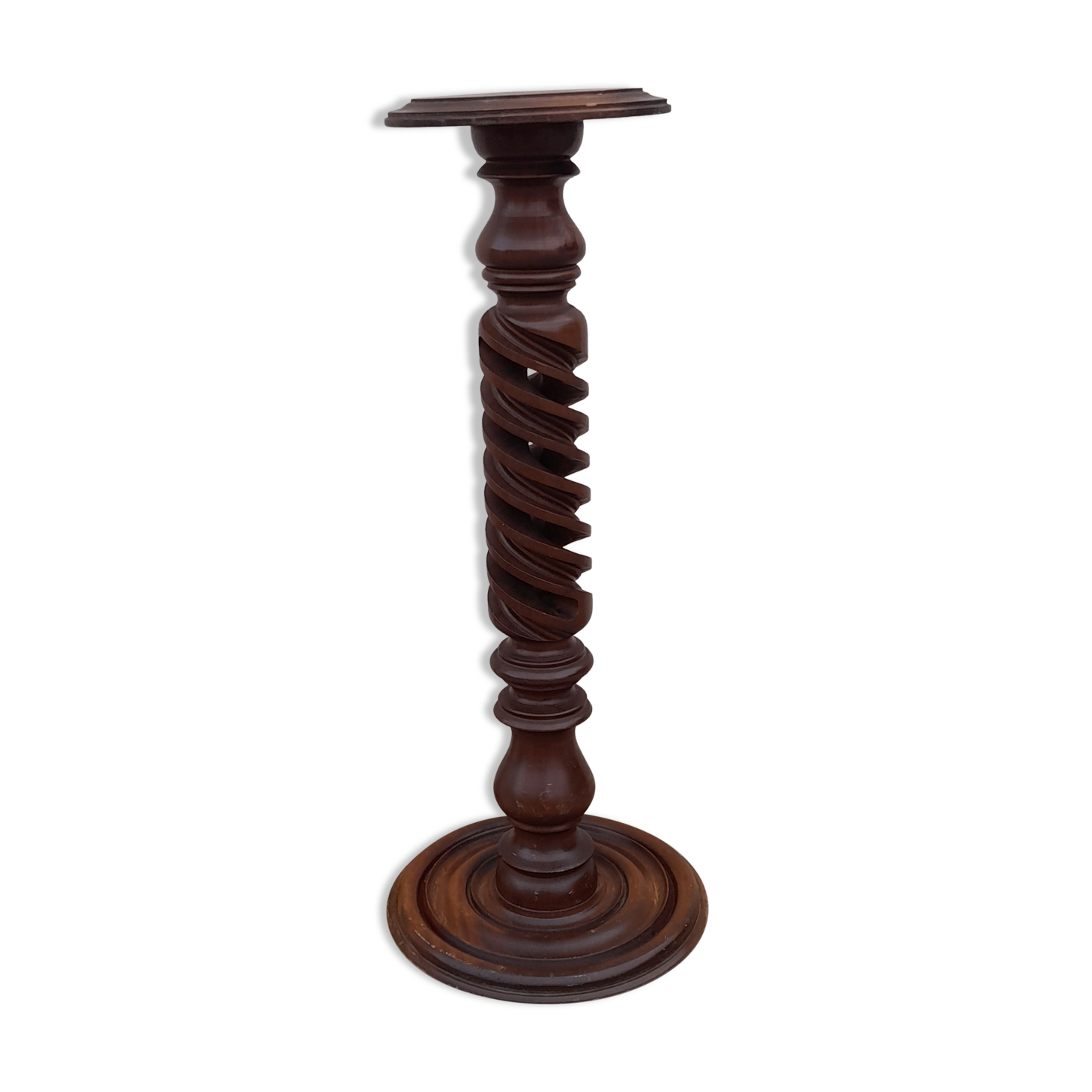 Column in walnut wood twisted in hollow, rustic vintage 60's years height 70 cm