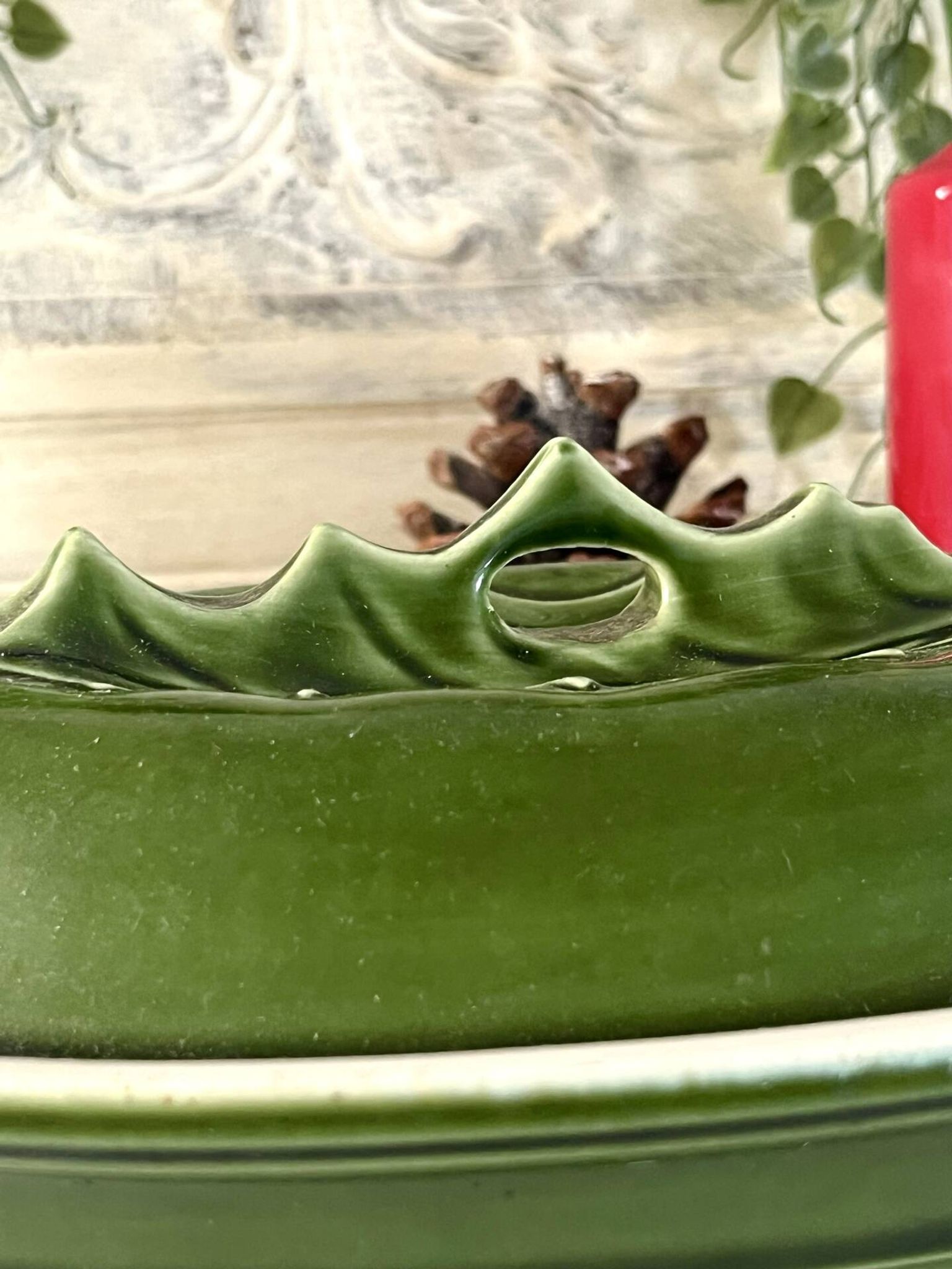 Christmas Terrine with Holly Lid, Green Ceramic Serving Dish, Vintage