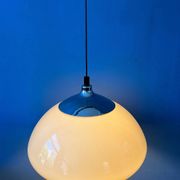 Beige acrylic glass mushroom pendant with a chrome top cap.