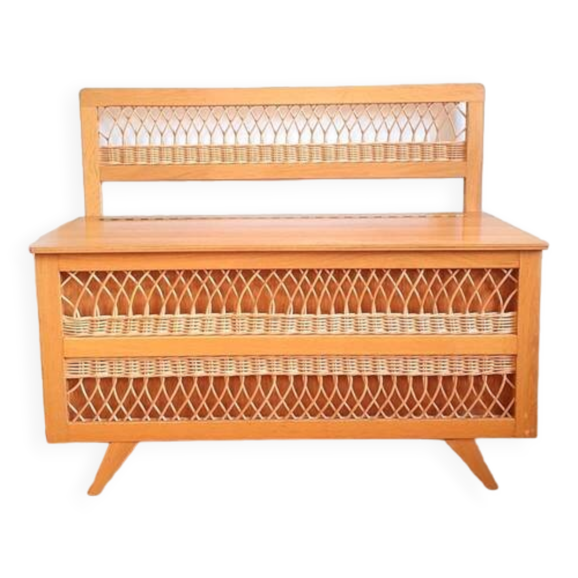 Vintage wooden and rattan trunk bench