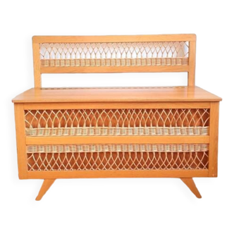 Banc coffre en bois et rotin vintage