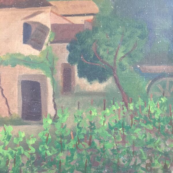 Tableau ancien la maison du village et son jardin