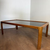 Large Scandinavian coffee table in teak and smoked glass.
