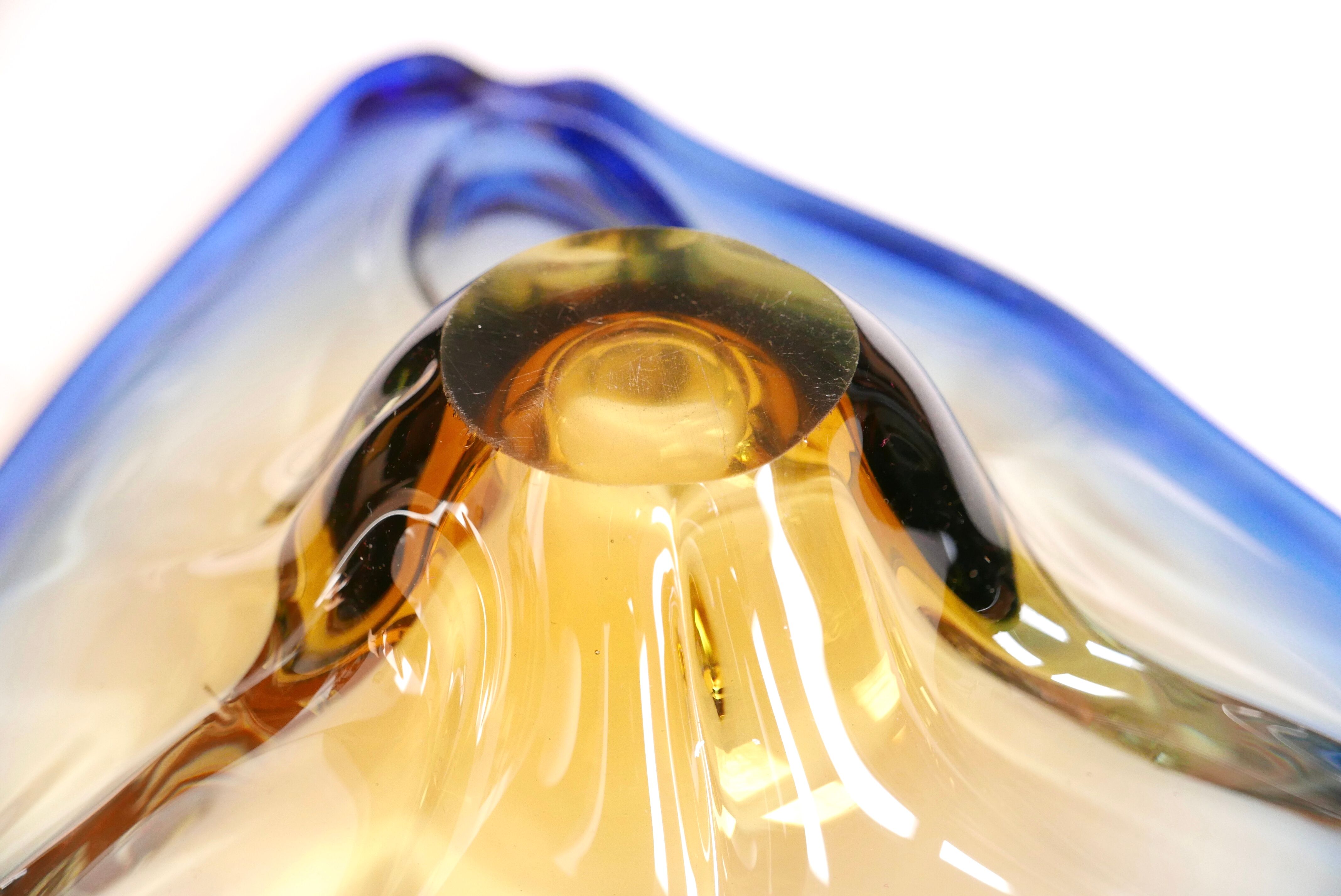 Murano trinket bowl in blue and yellow glass, 50s