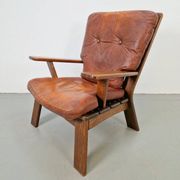 Brutalist Wood Armchair with Brown Leather Upholstery, Germany, 1960s
