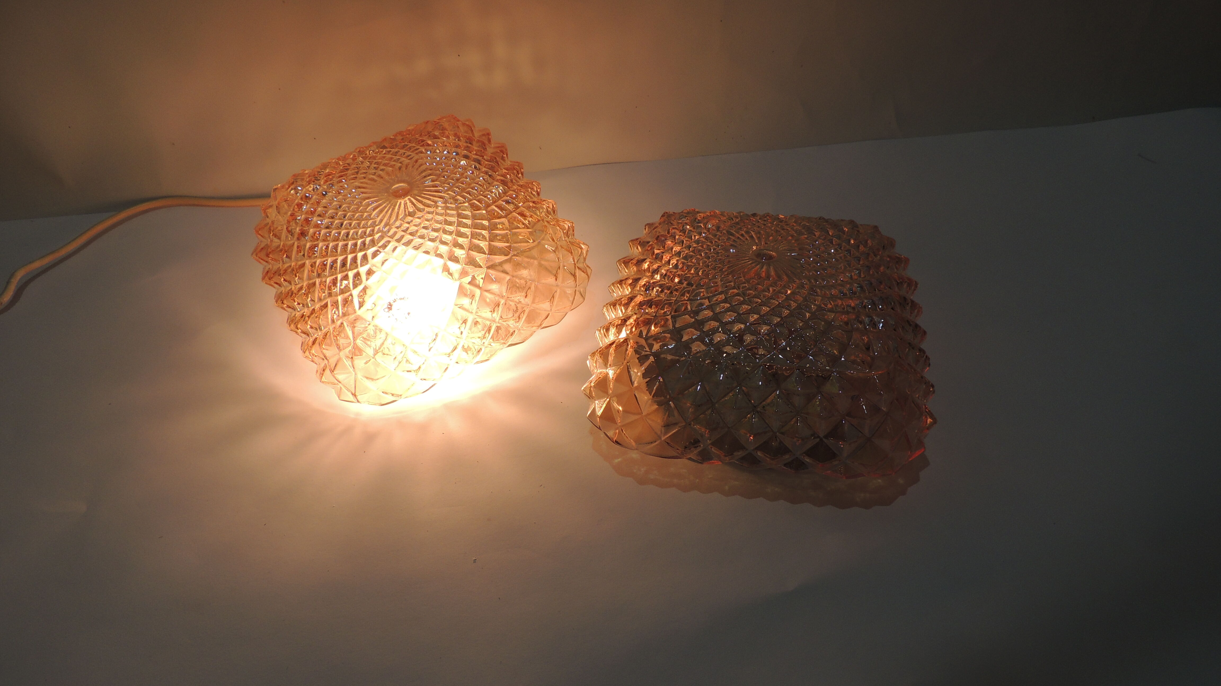 Vintage cast amber glass ceiling lamp spiked pattern for retro furniture from the 50s-60s