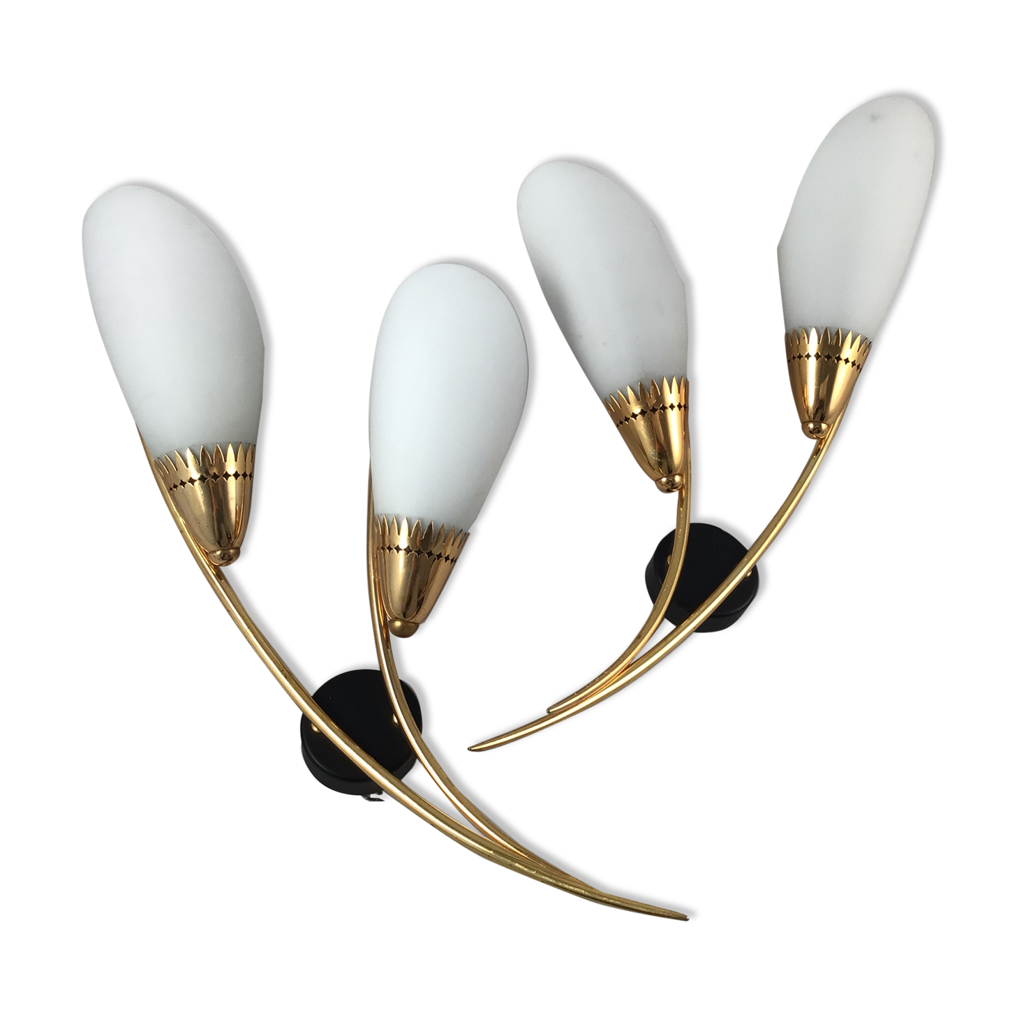 Pair of 60's gilded appliques 2 white conical lights