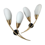 Paire d’appliques 60’s dorées 2 lumières coniques blanches