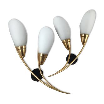 Pair of 60's gilded appliques 2 white conical lights