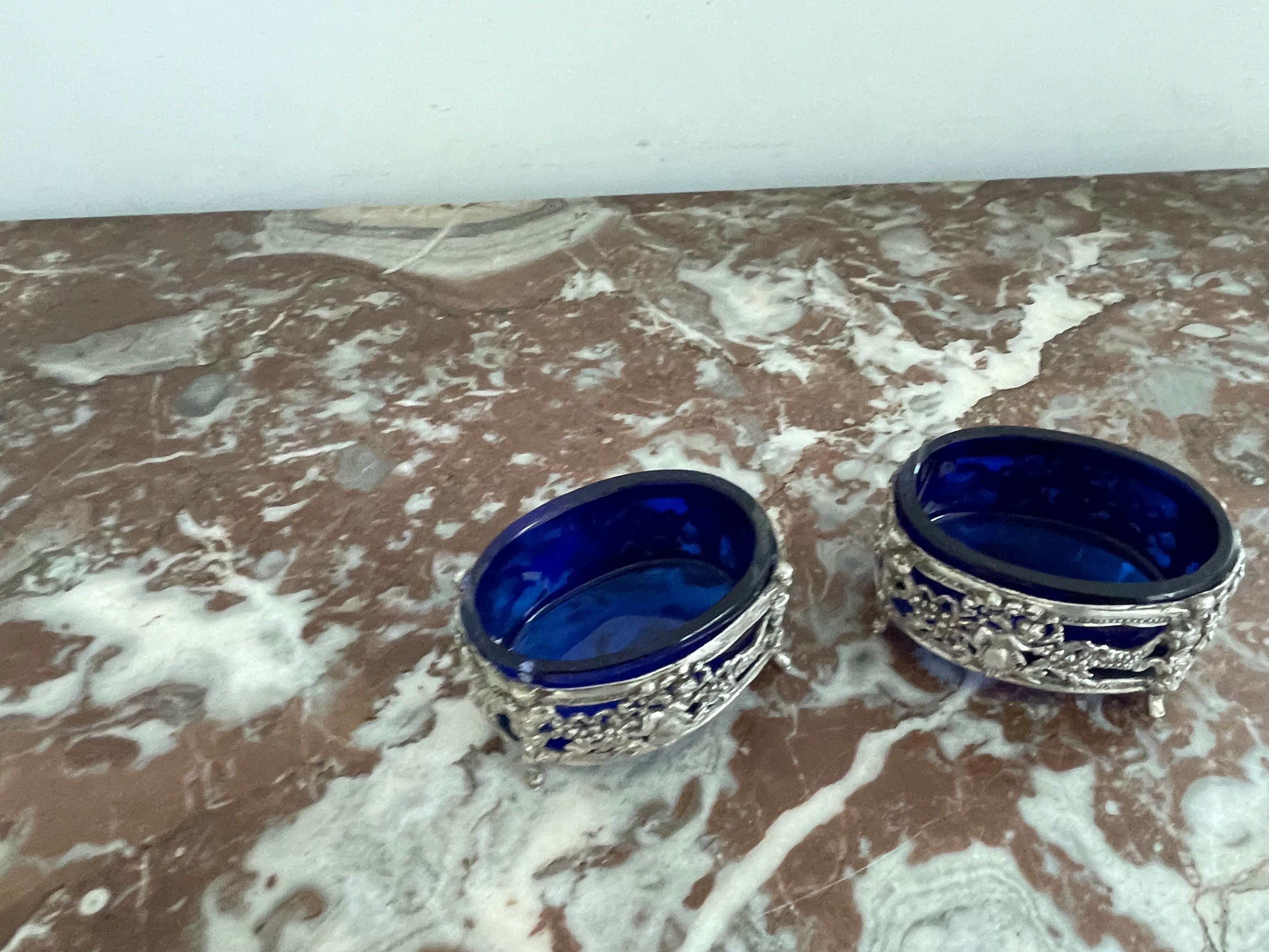 Antique, pair of salerons, silver plated, goldsmith hallmark, putti decoration, grape